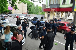 KHARKOV, UKRAINE - MAY 17, 2017: Police officers arrest Kharkiv right-wing activists who violated the law during the LGBT rally in Kharkov