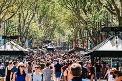 BARCELONA, SPAIN - AUGUST 04, 2016: Crowd Of People In Central Barcelona City On La Rambla Street.