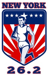 illustration of a Marathon runner done in retro style with stars sunburst and stripes in shield with words "marathon 26.2"