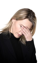 beautiful blond hair woman sad grief headache portrait on studio white isolated background