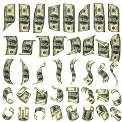 Forty preparations for falling dollars. Isolated on white. All banknotes different. For giving realness of a banknote contain elements of deterioration.