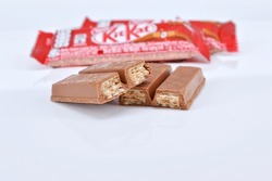 KUALA LUMPUR MALAYSIA, JUNE 4 2017. Kit Kat is a chocolate covered wafer bar created in 1911 by Rowntree's of York, England. Nestle which acquired Rowntree in 1988 now sells Kit Kat globally.