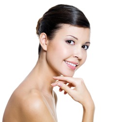 Happy beautiful woman with health skin of a face - isolated on white background