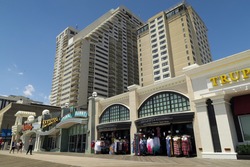 ATLANTIC CITY, NEW JERSEY - JUNE 12, 2016: Atlantic City Boardwalk. Hotels and shops on the boardwalk. Editorial use only.