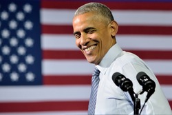 CHARLOTTE, NC, USA - JULY 5, 2016: President Obama smiles as he delivers a speech at a campaign rally for Hillary Clinton at the Charlotte Convention Center