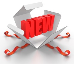 3D render illustration of box being opened, revealing a New word symbol
