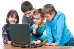Four children are studying using a laptop; isolated on the white background
