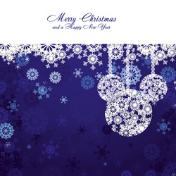 Merry Christmas and Happy New Year! Christmas card with snowflakes and christmas decorations on blue background, vector illustration