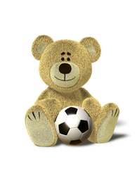 A cute teddy bear sits down on the floor with a soccer ball between his legs. Isolated on withe background with soft shadows.