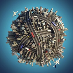 Miniature planet as concept for chaotic urban life isolated with clipping path