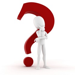 3d man thinking at something, with a big red question mark behind him