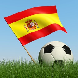 Soccer ball in the grass and the flag of Spain against the blue sky. 3d