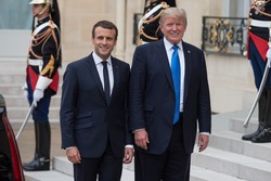 PARIS, FRANCE - JULY 13, 2017 : The french President Emmanuel Macron welcoming he President of United States of America Donald Trump at the Elysee Palace for an extended interview.