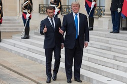 PARIS, FRANCE - JULY 13, 2017 : The french President Emmanuel Macron welcoming he President of United States of America Donald Trump at the Elysee Palace for an extended interview.