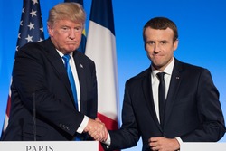 PARIS, FRANCE - JULY 13, 2017 : The President of United States of America Donald Trump with the french President Emmanuel Macron in press conference at the Elysee Palace after an extended interview.
