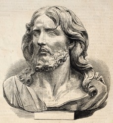 Engraved illustration of Jesus Christ's head. Original, from drawing of Worms after photo of Lapanne of a marble sculpture of P. Puget, was published on L'Illustration, Journal Universel, Paris, 1860