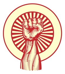 Soviet cold war propaganda poster style revolution fist raised in the air