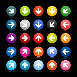 25 satined web 2.0 button with arrow icon. Colored round shape with reflection on black background