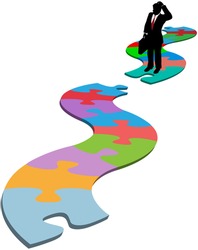 Puzzled business person silhouette find searches for missing piece in jigsaw puzzle path