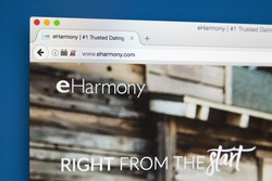 LONDON, UK - AUGUST 7TH 2017: The homepage of the website for eHarmony, the online dating website, on 7th August 2017.