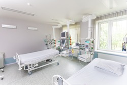 Rehabilitation room with equipment . Resuscitation chamber in municipal hospital.