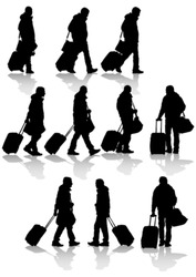 Vector drawing travelers with suitcases. Silhouettes on white background