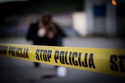 Crime scene, murder, investigation, bloody trail on asphalt, ongoing investigation, camera expert evidence of murder