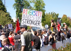 Berkeley, CA - August 27, 2017: Unidentified participants at the NO TO MARXISM IN AMERICA rally in Martin Luther King Jr. Civic Center Park, more counter-protesters than protesters.