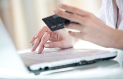 Woman's hand entering data using laptop while holding a credit card in the other hand