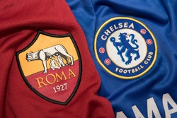 BANGKOK THAILAND - AUGUST 31: the logo of A.S. Roma and Chelsea on Football Jersey on August 31,2017