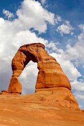 Arches National Park, USA, July 28, 2017, Utah, Delicate Arch is the most widely recognized landmark in arches national park and is depicted on Utah license plates