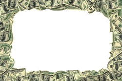 100 dollar frame isolated on white. All banknotes different. For giving realness of money contain elements of deterioration.