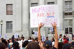 Berkeley, CA - September 05, 2017: Unidentified participants protesting Trump rescinding DACA,. Approximately 200 demonstrators gathered in UC Berkeley’s Sproul Plaza and marched down Telegraph Avenue