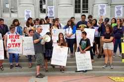 Berkeley, CA - September 05, 2017: Unidentified participants protesting Trump rescinding DACA,. Approximately 200 demonstrators gathered in UC Berkeley’s Sproul Plaza and marched down Telegraph Avenue