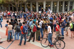Berkeley, CA - September 05, 2017: Unidentified participants protesting Trump rescinding DACA,. Approximately 200 demonstrators gathered in UC Berkeley’s Sproul Plaza and marched down Telegraph Avenue