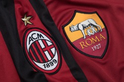 BANGKOK THAILAND - SEPTEMBER 14: the logo of AC Milan and A.S. Roma on Football Jersey on September 141,2017
