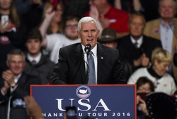 Des Moines Iowa, USA, 8th December, 2016
Vice President Elect Mike Pence at the Victory rally in the Hy-Vee Hall to address the crowd that filled the hall to see him and President Elect Donald Trump