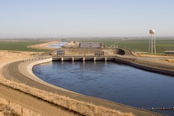 The "Dos Amigos" pumping plant pushes water up hill on the San Luis Canal, part of the California Aqueduct system.
