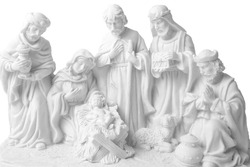 Nativity scene whit jesus, Joseph, Virgin Mary, three oriental kings bringing presents and a sheep