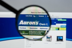 Milan, Italy - August 10, 2017: Aaron's website. It is a lease-to-own retailer. The company focuses on leases and retail sales of furniture, electronics, appliances, and computers. Aaron logo visible.
