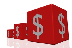 Three red dice with a currency symbol on their faces over a white reflective surface viewed from the surface level