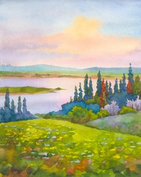 Watercolor landscape. Panoramic view from the hills with a spring flowering trees and meadows on the river in the valley