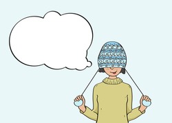 Portrait of young pretty funny smiling girl in cold weather dressed in sweater and warm hat. Vector illustration with copyspace