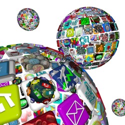 A galaxy of app planets, symbolized by several worlds of apps making up spheres, symbolizing the many opportunities for dowloading programs to mobile devices like smart phones and tablet computers