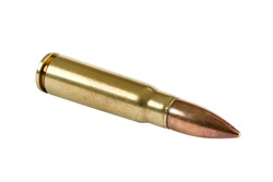 Full metal jacket cartridge from AK47 military automatic rifle , isolated on white.