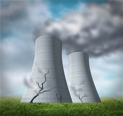 Nuclear reactor meltdown disaster symbol represented by damaged cracked cooling towers that are leaking cancer causing fallout of radioactive steam.