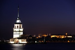 Maiden Tower at night, Istanbul. In the distance are such landmarks as Hagia Sophia and Topkapi Palace.