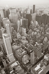 New York City Manhattan skyline aerial view black and white with skyscrapers and street.