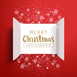 Advent Calendar Doors opening with snowflakes and glitter. Vector illustration.