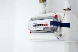 White sealed wall gas counter. Useful file for your energy company broshure and for other media.
